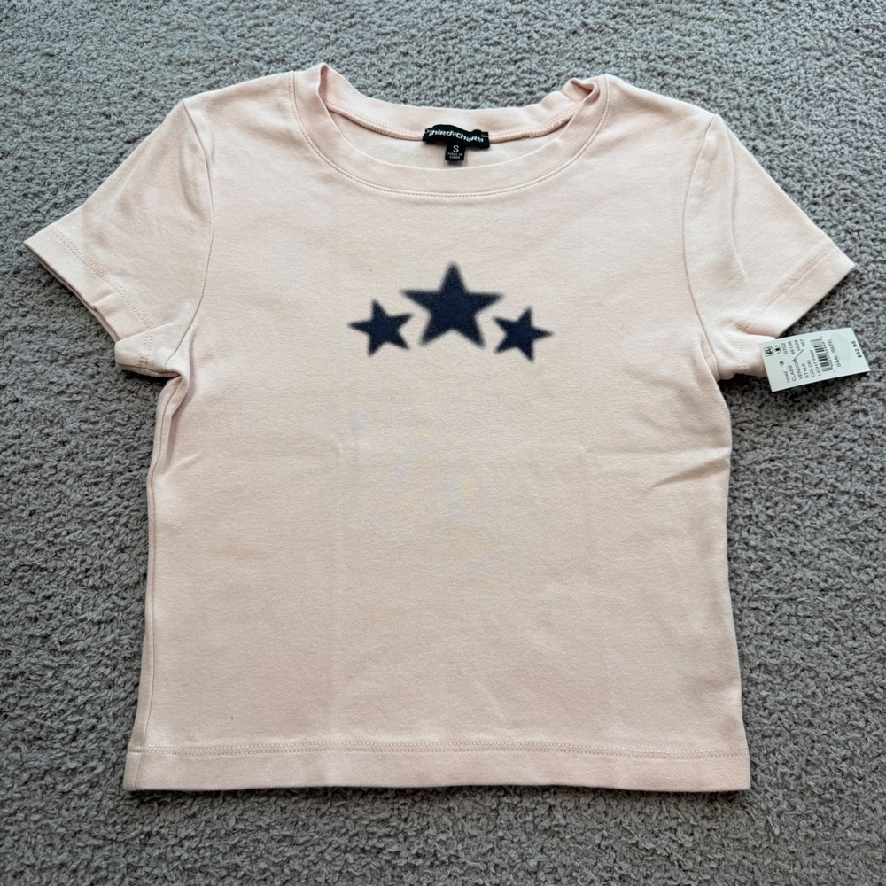 Third Charm PacSun Women Light Pink Star Graphic Baby Tee Shirt Small Crop NWT